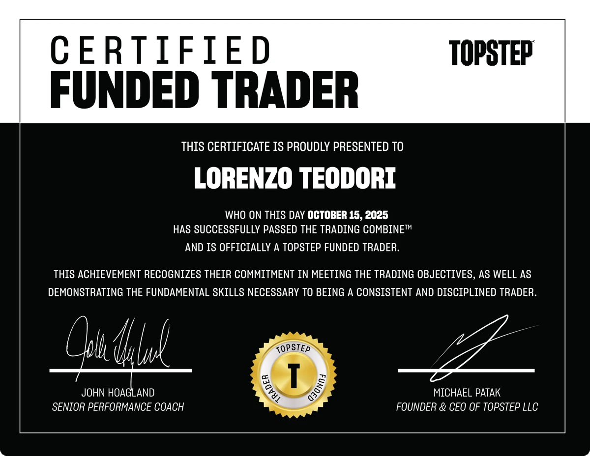 TopStep, Certified Funded Trader intestato a Lorenzo Teodori, 15 ottobre 2025